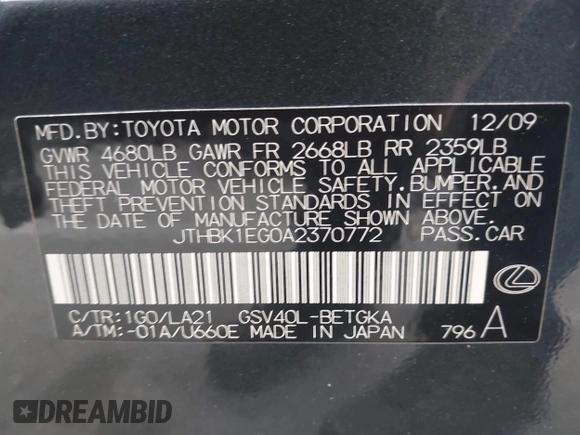 2010 Lexus ES with VIN JTHBK1EG0A2370772, listed as a IAAI auction lot 42030857 with 204,313 mi miles. Bid and sale history available at carsss.com. Image 9.