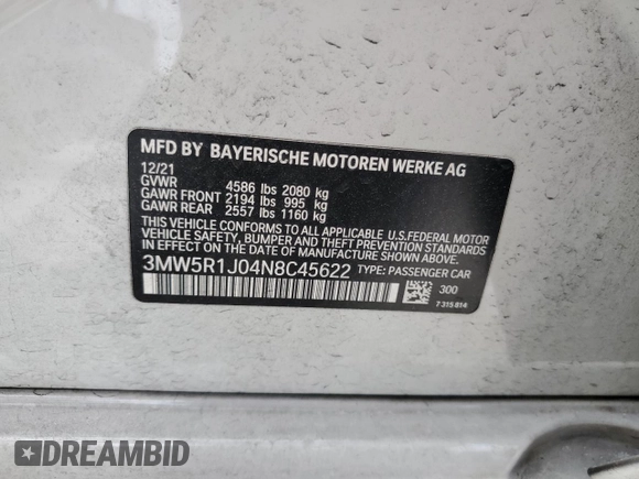 2022 BMW 3 Series 330i z VIN 3MW5R1J04N8C45622, wystawiony jako Copart lot #55467275 z przebiegiem 42 977 mil mil oraz Szkoda całkowita • Salvage title. Historia ofert i sprzedaży dostępna na DreamBid. Obrazek 12.