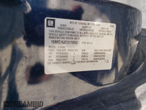 2007 Chevrolet Suburban LT with VIN 1GNFC16J27J172632, listed as a Copart auction lot 55998675 with Not provided miles and Salvage title. Bid and sale history available at DreamBid. Image 13.