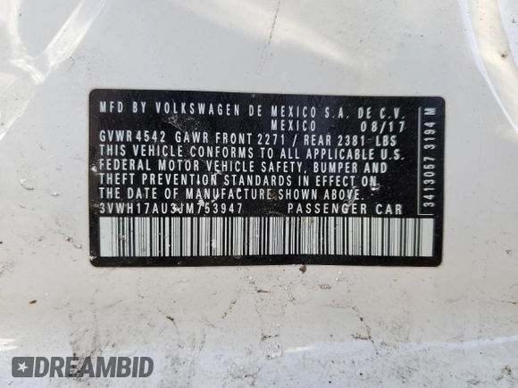 2018 Volkswagen Golf S z VIN 3VWH17AU3JM753947, wystawiony jako Copart lot #41790225 z przebiegiem 46 126 mil mil oraz Szkoda całkowita • Salvage title. Historia ofert i sprzedaży dostępna na DreamBid. Obrazek 12.