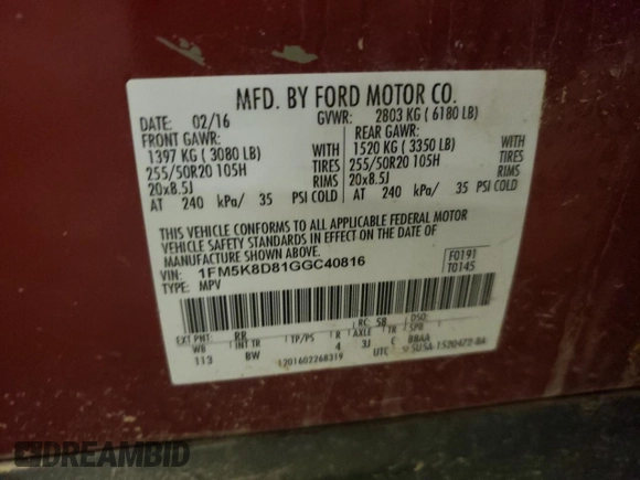 2016 Ford Explorer XLT with VIN 1FM5K8D81GGC40816, listed as a Copart auction lot 56050405 with 106,324 mi miles and Salvage Title. Bid and sale history available at DreamBid. Image 13.