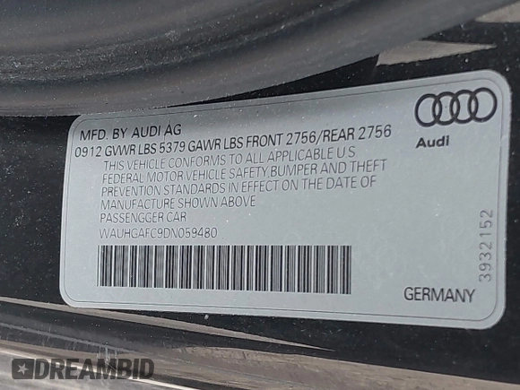 2013 Audi A6 Prestige with VIN WAUHGAFC9DN059480, listed as a IAAI auction lot 41986035 with 142,511 mi miles and . Bid and sale history available at DreamBid. Image 9.