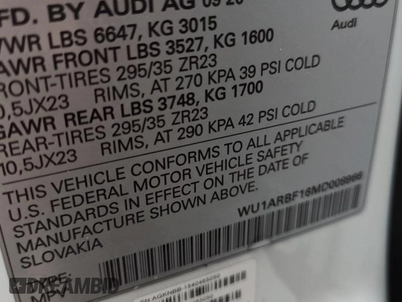 2021 Audi RS Q8 z VIN WU1ARBF16MD008966, wystawiony jako Copart lot #74957414 z przebiegiem Nie podano mil oraz Nie do naprawy • Non repairable. Historia ofert i sprzedaży dostępna na DreamBid. Obrazek 14.