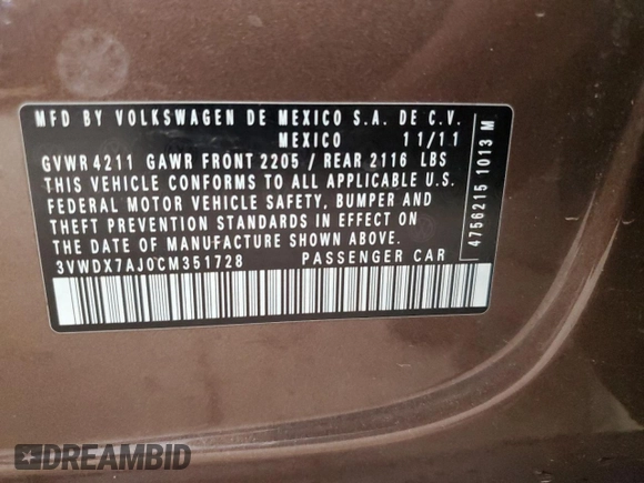 2012 Volkswagen Jetta SE z VIN 3VWDX7AJ0CM351728, wystawiony jako Copart lot #69621664 z przebiegiem 157 823 mil mil oraz Nie do naprawy • Non repairable. Historia ofert i sprzedaży dostępna na DreamBid. Obrazek 12.