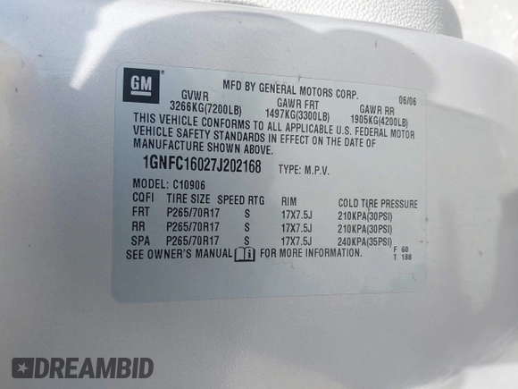 2007 Chevrolet Suburban LS with VIN 1GNFC16027J202168, listed as a IAAI auction lot 42100210 with Not Provided miles and . Bid and sale history available at DreamBid. Image 9.