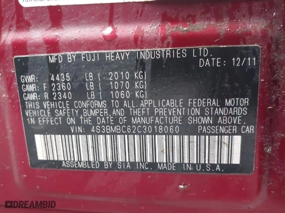2012 Subaru Legacy 2.5i Premium with VIN 4S3BMBC62C3018060, listed as a IAAI auction lot 41459700 with 160638 miles. Bid and sale history available at carsss.com. Image 9.