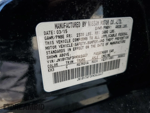 2015 Infiniti Q50 with VIN JN1BV7AP3FM342447, listed as a Copart auction lot 66315005 with 104,427 mi miles and Clean title. Bid and sale history available at DreamBid. Image 12.