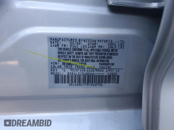 2022 Nissan Sentra SV with VIN 3N1AB8CV7NY268936, listed as a Copart auction lot 84637824 with 29,496 mi miles and Salvage Title. Bid and sale history available at carsss.com. Image 12.