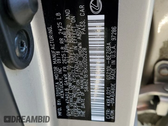 2019 Lexus ES 350 z VIN 58ABZ1B16KU005228, wystawiony jako Copart lot #52109465 z przebiegiem 49 719 mil mil oraz Szkoda całkowita • Salvage title. Historia ofert i sprzedaży dostępna na DreamBid. Obrazek 13.