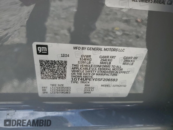 2025 GMC Sierra 2500HD AT4 z VIN 1GT4UPEY0SF206593, wystawiony jako Copart lot #52699045 z przebiegiem 5 036 mil mil oraz Szkoda całkowita • Salvage title. Historia ofert i sprzedaży dostępna na DreamBid. Obrazek 12.