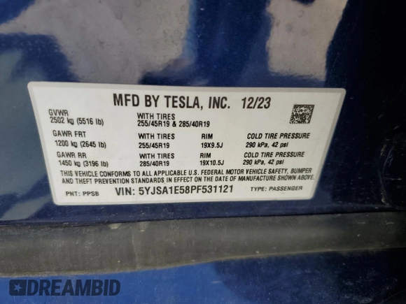 2023 Tesla Model S with VIN 5YJSA1E58PF531121, listed as a Copart auction lot 63683355 with Not provided miles and Salvage title. Bid and sale history available at DreamBid. Image 12.