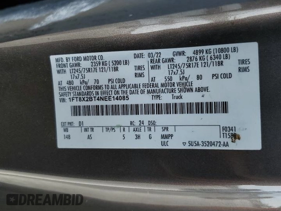 2022 Ford F-250 XL with VIN 1FT8X2BT4NEE14085, listed as a Copart auction lot 89144765 with 95,321 mi miles and Salvage Title. Bid and sale history available at DreamBid. Image 13.