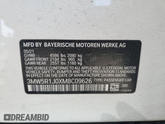 2021 BMW 3 Series 330i with VIN 3MW5R1J0XM8C09626, listed as a Copart auction lot 52205805 with 52,261 mi miles and Salvage title. Bid and sale history available at DreamBid. Image 12.