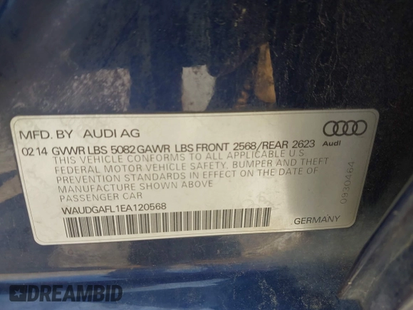2014 Audi S4 Premium Plus z VIN WAUDGAFL1EA120568, wystawiony jako IAAI lot #42143431 z przebiegiem 81 715 mil mil oraz . Historia ofert i sprzedaży dostępna na DreamBid. Obrazek 9.