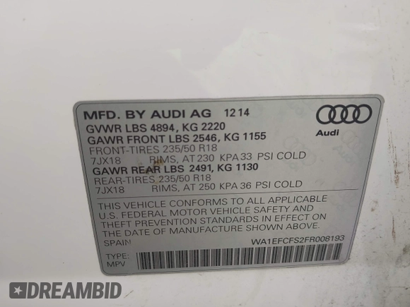 2015 Audi Q3 Premium Plus with VIN WA1EFCFS2FR008193, listed as a IAAI auction lot 42301074 with 102,878 mi miles and . Bid and sale history available at DreamBid. Image 9.