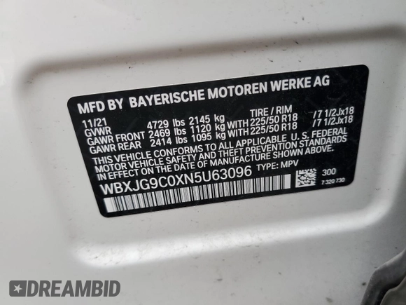 2022 BMW X1 xDrive28i with VIN WBXJG9C0XN5U63096, listed as a Copart auction lot 79253954 with 17,311 mi miles and Salvage title. Bid and sale history available at DreamBid. Image 16.