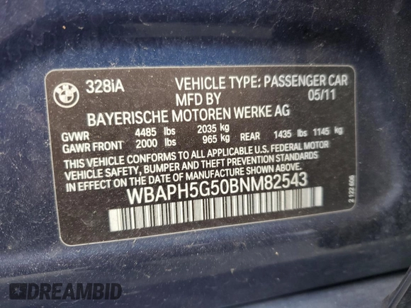 2011 BMW 3 Series 328i with VIN WBAPH5G50BNM82543, listed as a Copart auction lot 59016615 with 122,820 mi miles and Clean title. Bid and sale history available at DreamBid. Image 12.