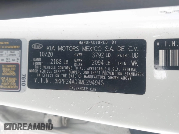 2021 Kia Forte FE with VIN 3KPF24AD9ME294945, listed as a IAAI auction lot 41719019 with 64,848 mi miles. Bid and sale history available at carsss.com. Image 9.