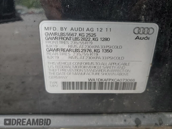 2012 Audi Q5 Premium Plus with VIN WA1DKAFPXCA073066, listed as a Copart auction lot 56156875 with 126,573 mi miles and Salvage title. Bid and sale history available at DreamBid. Image 14.