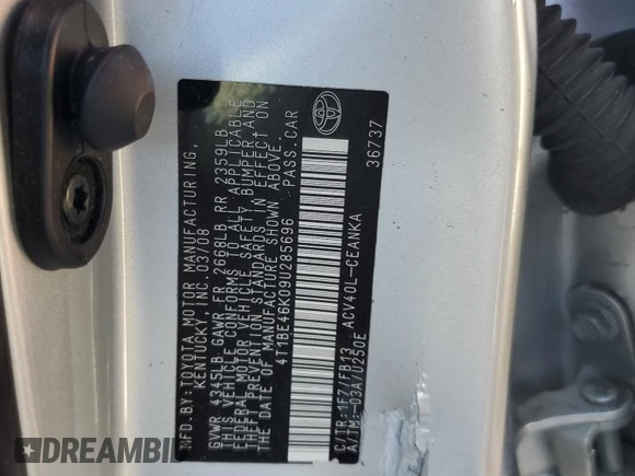 2009 Toyota Camry with VIN 4T1BE46K09U285696, listed as a Copart auction lot 48563855 with Not Provided miles and Salvage Title. Bid and sale history available at carsss.com. Image 13.