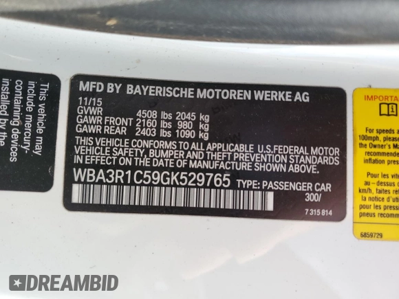2016 BMW 4 Series 435i with VIN WBA3R1C59GK529765, listed as a Copart auction lot 69156354 with 66,654 mi miles and Salvage title. Bid and sale history available at DreamBid. Image 12.