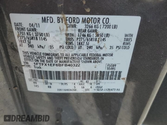 2011 Ford F-150 XL with VIN 1FTFX1EF6BFB40322, listed as a Copart auction lot 52230655 with 0 mi miles and Salvage Title. Bid and sale history available at carsss.com. Image 13.