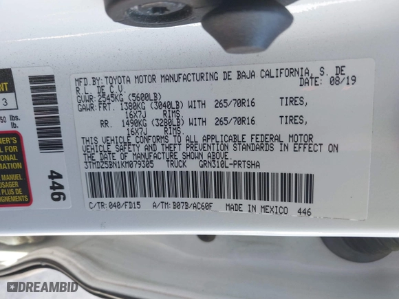 2019 Toyota Tacoma 4WD SR5 with VIN 3TMDZ5BN1KM079305, listed as a IAAI auction lot 41247804 with 98,494 mi miles. Bid and sale history available at carsss.com. Image 9.