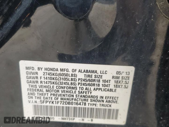 2013 Honda Ridgeline Sport with VIN 5FPYK1F72DB016478, listed as a Copart auction lot 55953095 with 163,435 mi miles and Salvage title. Bid and sale history available at DreamBid. Image 12.
