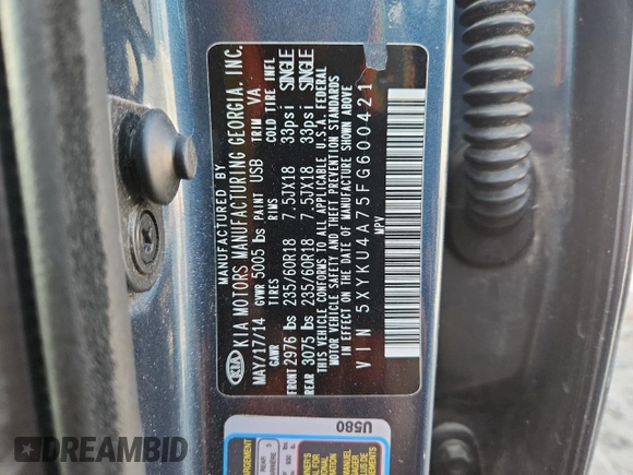 2015 Kia Sorento EX with VIN 5XYKU4A75FG600421, listed as a Copart auction lot 62313175 with 148,000 mi miles and Salvage title. Bid and sale history available at DreamBid. Image 13.