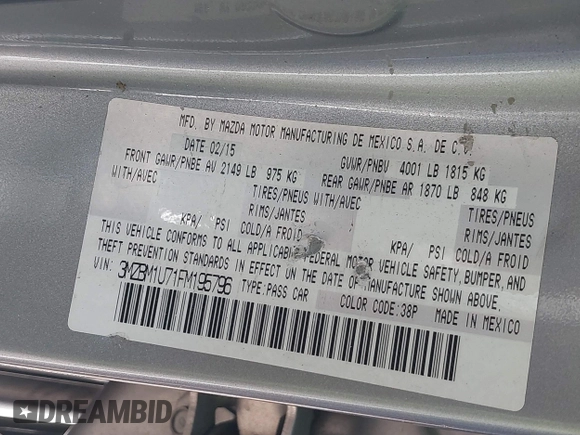 2015 Mazda 3 i Sport with VIN 3MZBM1U71FM195796, listed as a IAAI auction lot 41081641 with 144,737 mi miles and . Bid and sale history available at carsss.com. Image 9.
