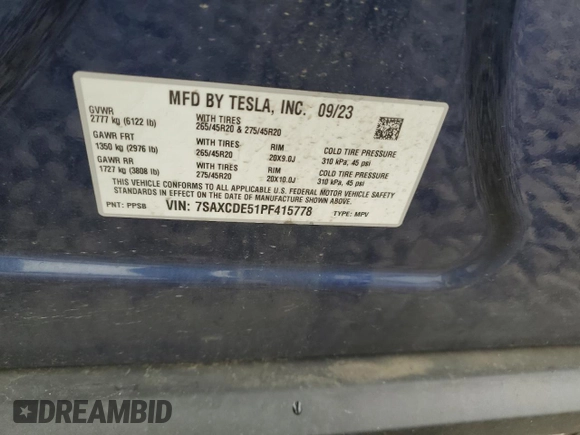 2023 Tesla Model X with VIN 7SAXCDE51PF415778, listed as a Copart auction lot 51792205 with Not Provided miles and Salvage Title. Bid and sale history available at DreamBid. Image 15.