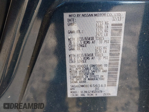2014 Nissan Pathfinder SL z VIN 5N1AR2MM1EC656163, wystawiony jako IAAI lot #41971992 z przebiegiem 184 777 mil mil oraz . Historia ofert i sprzedaży dostępna na DreamBid. Obrazek 9.