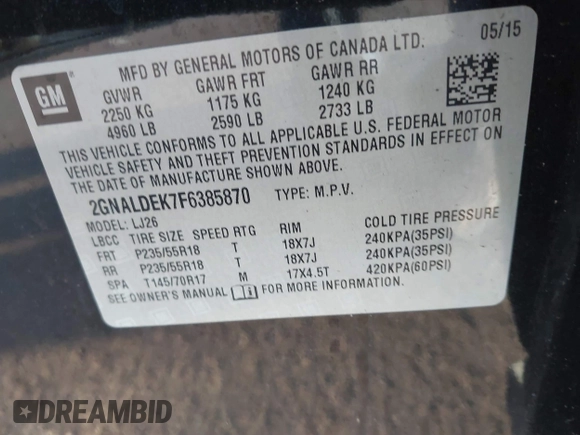 2015 Chevrolet Equinox LTZ with VIN 2GNALDEK7F6385870, listed as a IAAI auction lot 41697939 with 80,640 mi miles. Bid and sale history available at carsss.com. Image 9.