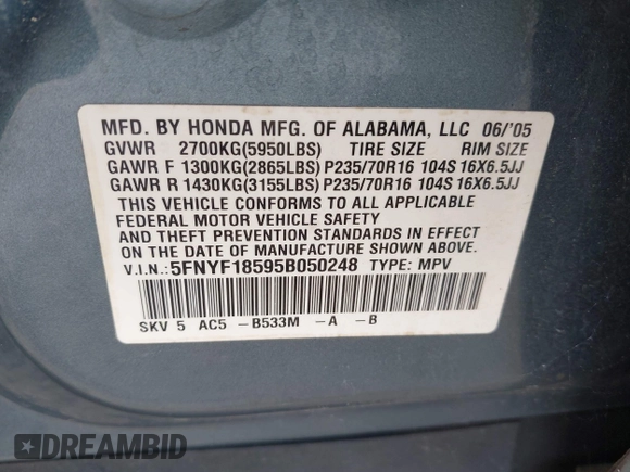 2005 Honda Pilot EX-L with VIN 5FNYF18595B050248, listed as a IAAI auction lot 42474308 with 311,580 mi miles and . Bid and sale history available at DreamBid. Image 9.