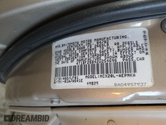 2002 Toyota Avalon XL with VIN 4T1BF28B42U254696, listed as a Copart auction lot 53679355 with 168,828 mi miles and Salvage Title. Bid and sale history available at DreamBid. Image 12.