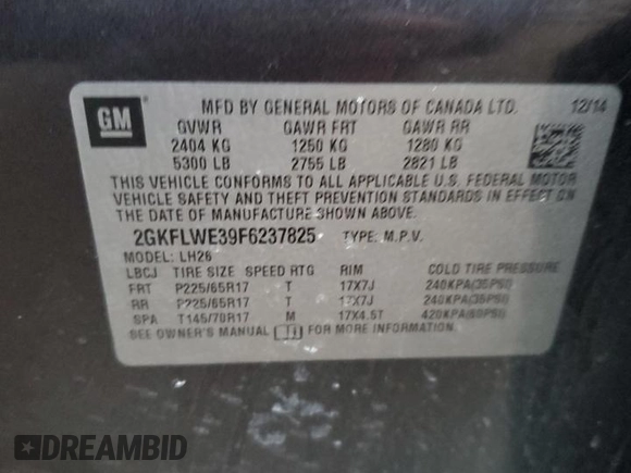 2015 GMC Terrain SLE with VIN 2GKFLWE39F6237825, listed as a Copart auction lot 87678505 with 96,125 mi miles and Salvage Title. Bid and sale history available at DreamBid. Image 13.