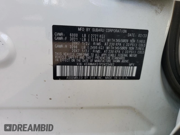 2023 Subaru Ascent Onyx Limited with VIN 4S4WMAKD1P3425462, listed as a Copart auction lot 59611865 with 41,934 mi miles and Salvage title. Bid and sale history available at DreamBid. Image 13.