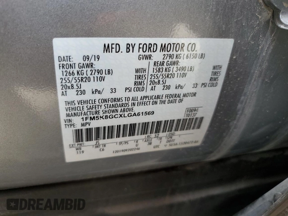 2020 Ford Explorer ST with VIN 1FM5K8GCXLGA61569, listed as a Copart auction lot 54600145 with 36,685 mi miles and Salvage Title. Bid and sale history available at carsss.com. Image 12.