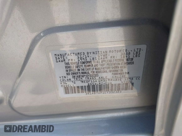 2014 Nissan Sentra SR with VIN 3N1AB7AP1EY332323, listed as a IAAI auction lot 42151780 with 89,915 mi miles and . Bid and sale history available at DreamBid. Image 9.