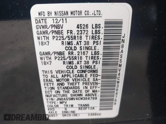 2012 Nissan Rogue S z VIN JN8AS5MV4CW384789, wystawiony jako IAAI lot #42178013 z przebiegiem 147 163 mil mil oraz . Historia ofert i sprzedaży dostępna na DreamBid. Obrazek 9.