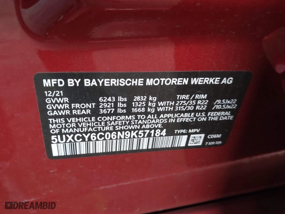 2022 BMW X6 xDrive40i with VIN 5UXCY6C06N9K57184, listed as a IAAI auction lot 41302467 with 42,073 mi miles. Bid and sale history available at carsss.com. Image 9.