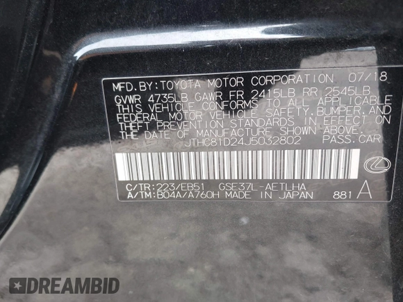 2018 Lexus IS 300 with VIN JTHC81D24J5032802, listed as a IAAI auction lot 41918847 with 69,953 mi miles and . Bid and sale history available at DreamBid. Image 9.