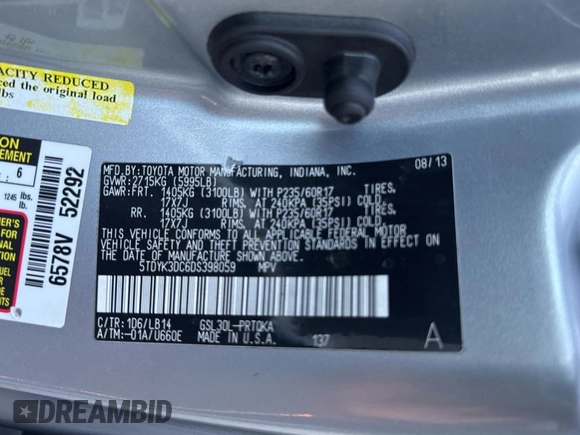2013 Toyota Sienna XLE AAS with VIN 5TDYK3DC6DS398059, listed as a Copart auction lot 56074325 with 186,212 mi miles and Clean Title. Bid and sale history available at DreamBid. Image 10.