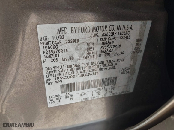 2004 Ford Escape XLT with VIN 1FMCU03134KA96184, listed as a IAAI auction lot 41917091 with 246,067 mi miles. Bid and sale history available at carsss.com. Image 9.