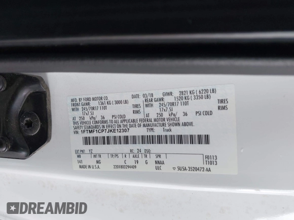 2018 Ford F-150 XL with VIN 1FTMF1CP7JKE12307, listed as a IAAI auction lot 42722428 with 228,606 mi miles and . Bid and sale history available at DreamBid. Image 9.