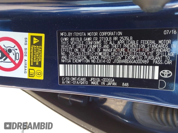 2016 Toyota Mirai with VIN JTDBVRBD6GA000989, listed as a IAAI auction lot 42098383 with 63,686 mi miles and . Bid and sale history available at DreamBid. Image 9.