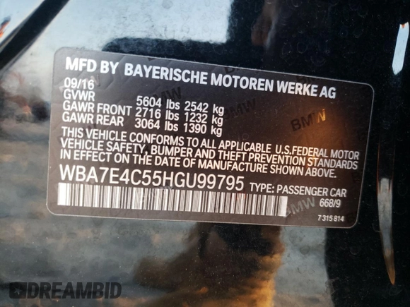 2017 BMW 7 Series 740i xDrive with VIN WBA7E4C55HGU99795, listed as a Copart auction lot 85545124 with 99,304 mi miles and Salvage Title. Bid and sale history available at carsss.com. Image 12.