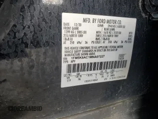 2021 Ford Explorer with VIN 1FM5K8AC1MNA07227, listed as a Copart auction lot 52340035 with 170,085 mi miles and Non repairable. Bid and sale history available at DreamBid. Image 13.