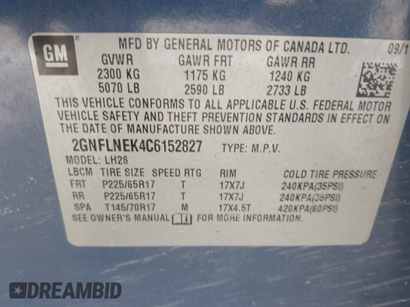 2012 Chevrolet Equinox LT w/2LT with VIN 2GNFLNEK4C6152827, listed as a IAAI auction lot 42015148 with 155,920 mi miles. Bid and sale history available at carsss.com. Image 9.