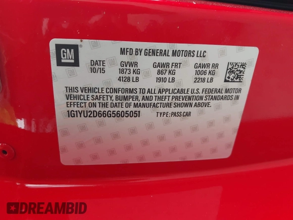 2016 Chevrolet Corvette Z06 3LZ with VIN 1G1YU2D66G5605051, listed as a IAAI auction lot 42477046 with 77,980 mi miles and . Bid and sale history available at DreamBid. Image 9.
